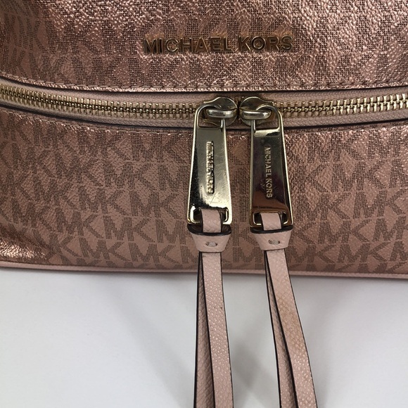 Michael Kors Backpack Women’s Bags Rose Gold MK Logo Print Foil Shimmer - Picture 4 of 17